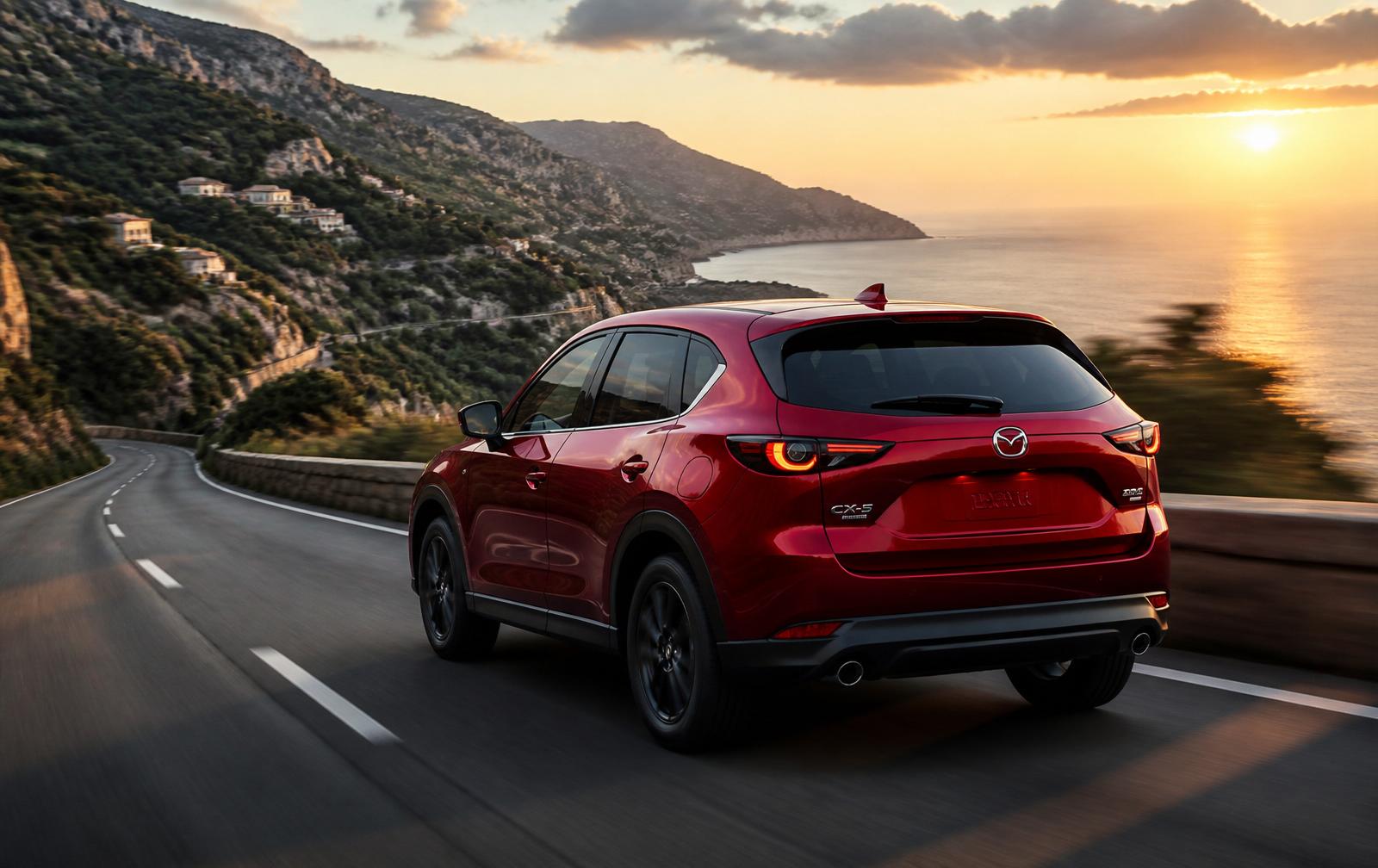 Új Mazda CX-5 dinamikus hátsó nézete tengerparti szerpentinen